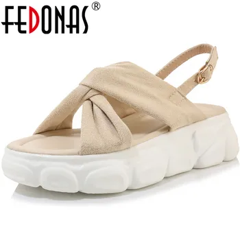 FEDONAS 2020 Kovové Pracky Kolo Prst Sandál Základné Platformy Ženy Sandále Pracky Farbou Stručné dámske Topánky Nové Ležérne Topánky