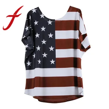 Feitong Plus Veľkosť Žien, T Košele Príčinné Voľné Star Prúžok USA Vlajky Vytlačené Šortky Sleeve Tee-Shirt femme Camisetas Feminina Nové