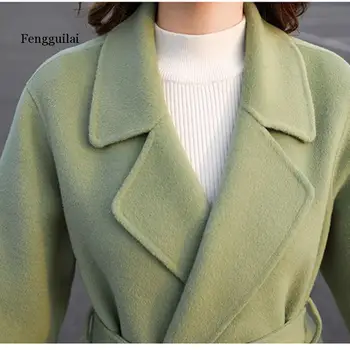 Fengguilai Zelená Vlnené Kabát Žena Dlhá Bunda Nové Jesenné a Zimné kórejský Módne Office Dámske Vlnené Kabáty Ženy