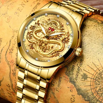 Fenzun plastický gold dragon hodinky pánske nepremokavé non-mechanické hodinky pánske diamant, rubín dragon tvár módne hodinky