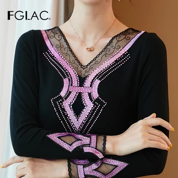 FGLAC Ženy t-shirt Nové 2019 Jeseň zima dlhý rukáv T-shirt Elegantný Štíhly Diamanty Duté z oka topy plus veľkosť ženy topy