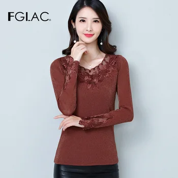 FGLAC Ženy tričko Fashion Bežné dlhý rukáv Jeseň ženy topy & tees Elegantný Štíhly Diamanty tričko plus veľkosť oblečenie žien