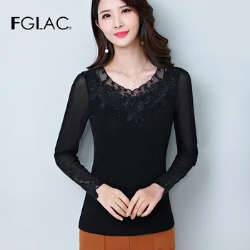 FGLAC Ženy tričko Fashion Bežné dlhý rukáv Jeseň ženy topy & tees Elegantný Štíhly Diamanty tričko plus veľkosť oblečenie žien