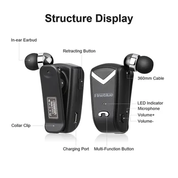 FineBlue F-V2 Mini Bezdrôtové obchodné Bluetooth Headset Šport Ovládač, Slúchadlá Teleskopická Klip na stereo slúchadlá klip na dizajn