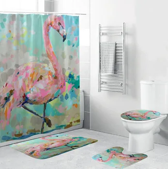 Flamingo Tlačené Karikatúra Opony Set s Koberec Nepremokavé Polyesterové Wc Koberec Sady Kúpeľňa so Sprchou Záclony Domáce Dekorácie