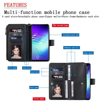 Flip Kožené puzdro Pre Samsung Galaxy S10E s rezacím zariadením S10 5G Plus Magnetický Kryt Telefónu Galaxy S8 S9 Plus Odnímateľný Karty Taška na Zips Peňaženky