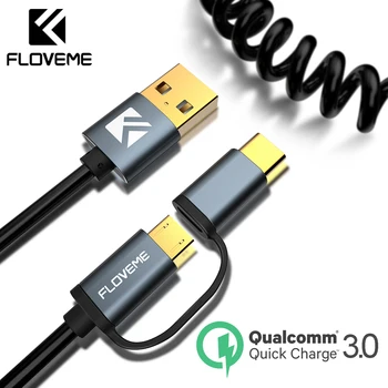 FLOVEME 2 v 1, QC 3.0 Rýchlo Nabíjačky Typ C Micro USB Kábel Elastická Stretch Cabo Kábel Pre Samsung S9 S8 Plus S7 Android Synchronizáciu Údajov