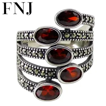 FNJ 925 Silver Krúžok Červený Zirkón Kameňa Nové Módne MARCASITE Pôvodné S925 Šterlingov Strieborné Prstene pre Ženy Šperky Nastaviteľná Veľkosť