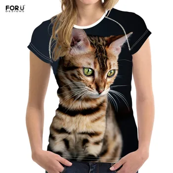 FORUDESIGNS Roztomilý Bengálsko Mačka Ženy, 3D tričká, Letné Krátke Rukávy Crewneck Tshirts Comforthable Položiť Spôsobilosť Topy Vetement Femme