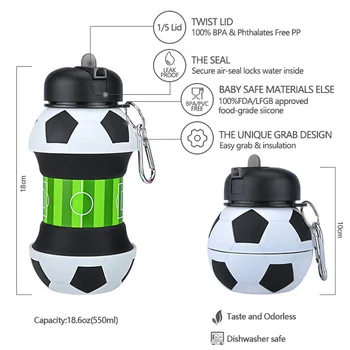 Futbal Športová Fľaša na Vodu s Slamy Skladacia Skladacie Cestovné Silikónové Inovácie Camping 550ml Detí, športové fľaše
