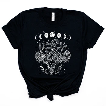 Fáz mesiaca, Hady, A Kryštály Witchy Dizajn T-Shirt Pohode Gotický Tee Lumbálna Punk tričko