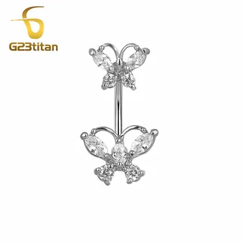 G23titan Dvojité Bočné Crystal Motýľ Brucho Krúžky White Crystal 14G Titán Bar Pupka Piercing Krúžok Žien Telo Šperky
