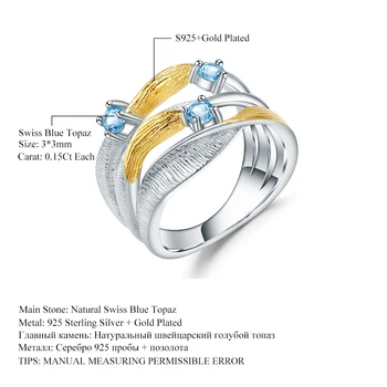 GEM BALET 925 Sterling Silver Ručné Kapela Twist Prstene pre Ženy Šperky 0.47 Ct Swiss Natural Blue Topaz Drahokamy Krúžok