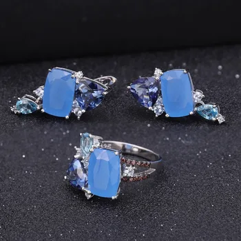 GEM BALET Prírodné Aqua Modrá Calcedony Geometrické Krúžky 925 Sterling Silver Drahokam Prst Prsteň pre Ženy Šperky Voľný Štýl