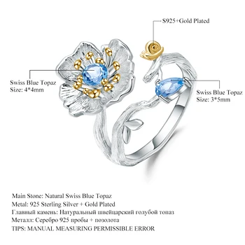 GEM BALET Swiss Natural Blue Topaz Kvitne Maku Kvet Krúžky 925 Sterling Silver Ručne Otvoriť Krúžok pre Ženy Šperky