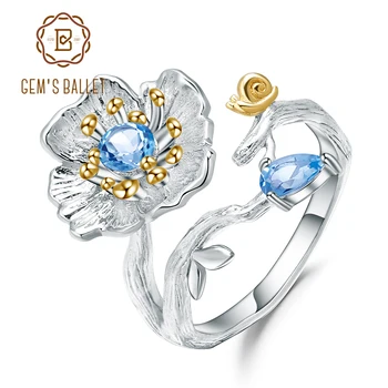 GEM BALET Swiss Natural Blue Topaz Kvitne Maku Kvet Krúžky 925 Sterling Silver Ručne Otvoriť Krúžok pre Ženy Šperky