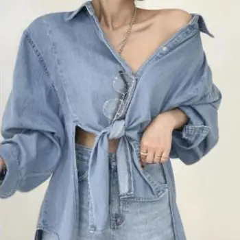 Genayooa Streetwear Denim Tenké Dámske Topy A Blúzky Kórejský Módne Oblečenie 2020 Tričko Dámske Topy Feminina Voľné Vintage