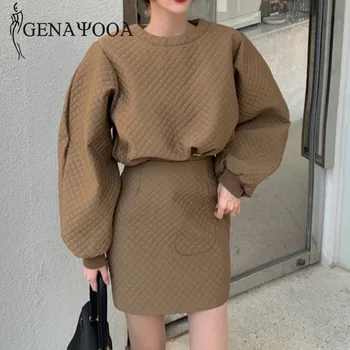 Genayooa Zimné Dve Kus Ženy Plodín Top A Sukňu Streetwear Dlhý Rukáv Hoodies 2 Ks Oblečenia Pre Ženy, Kórejský Móda