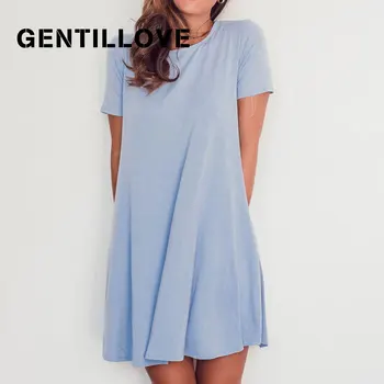 Gentillove 2020 Lete Krátky Rukáv O Krk Voľné Mini Šaty Vintage Vrecká Riadok Šaty Bežné Pevné Cootton Tričko Šaty