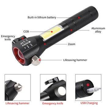 GIJOE led self-defense taktická baterka T6 žiarovka klasu lampa zoom usb nabíjateľné vstavanú batériu s kladivo, nôž magnetické