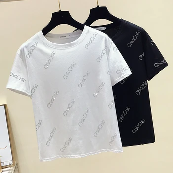 Gkfnmt Letné Topy Diamanty kórejský Biele tričko Ženy Oblečenie Bavlna Módne Žena T-Shirt Čierna Tričko Krátky Rukáv Tričko Black