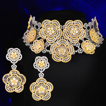 GODKI 2KS Luxusné Kvety Boom Vyhlásenie Choker Šperky set Pre Ženy, Svadobné Afriky Kubický Zirkón CZ Dubaj Svadobné Šperky