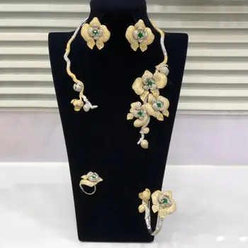 GODKI Slávnej Značky Kvetinové Kúzlo Dva Riadky Lariat Náhrdelník Luxusné Nigérijský Dubaj Šperky Sady Pre Ženy Kubický Zirkón Svadobné Svadobné Šperky Sady 2019
