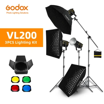 Godox 3ks VL200 200W 5600K, Biela Verzia LED Video neprerušované Svetlo + 70x100cm Mriežky Softbox + 2,8 m Ľahké Stojan Studio Svetlo