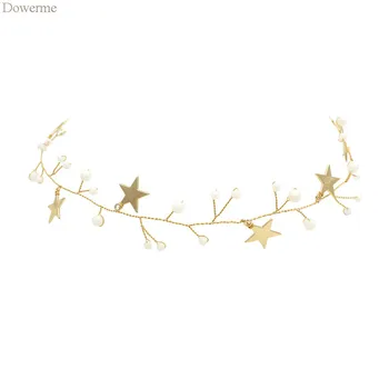 Gold Star Svadobné hlavový most Tiara s Náušnice Perly Ženám, Šperky Handmade Svadobných Doplnkov Headpiece