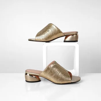 Golden Bright PU Kožené Otvorené Prst Vonkajšie Papuče Lete Sexy Námestie Päty Bežné Snímky Autor Ženy, Luxusné Sandále Plus Veľkosť