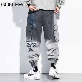 GONTHWID Graffiti Jeans Denim Cargo Nohavice Streetwear Hip Hop Bežné Multi-Vrecká Neforemné Voľné Džínsy Harajuku Skateboard Nohavice