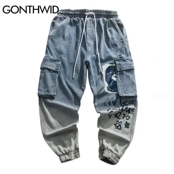 GONTHWID Graffiti Jeans Denim Cargo Nohavice Streetwear Hip Hop Bežné Multi-Vrecká Neforemné Voľné Džínsy Harajuku Skateboard Nohavice