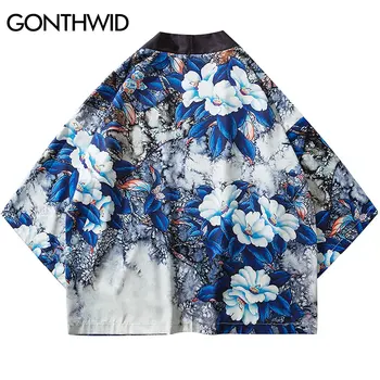 GONTHWID Japonský Štýl Kvety Tlače Kimono Cardigan Haori Bundy Mužov Harajuku Bežné Bunda Streetwear Hip Hop Coats