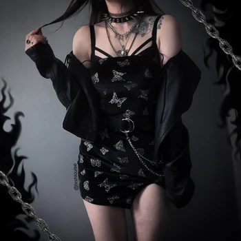 Gotická Čierna Sexy Ženy, Low Cut Lomka Krku Motýľ Tlač Velvet Split Slim Šaty Goth Žena Špagety Popruhy Mini Šaty