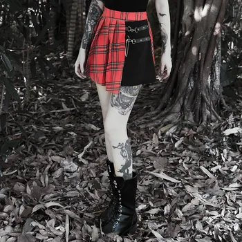 Gotický Punk Sukne Ženy Červená Koberčeky Skladaný Mini Sukne S Vysokým Pásom Patchwork Plesové Šaty, Módne Streetwear Pracky Žena Goth Sukne