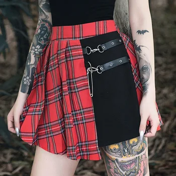 Gotický Punk Sukne Ženy Červená Koberčeky Skladaný Mini Sukne S Vysokým Pásom Patchwork Plesové Šaty, Módne Streetwear Pracky Žena Goth Sukne