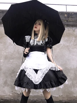 Gotický Slúžka Lolita Šaty Krátke Lístkového Rukáv Čipky Volánikmi Čierna Biela Patch Plesové Šaty, Súd Krátke Mini Šaty Vestidos Femme