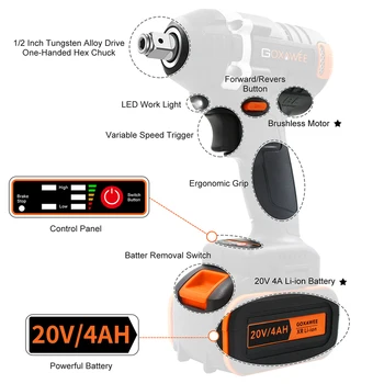 GOXAWEE 20V Striedavé Akumulátorové Elektrické Kľúča Vplyvu Vodiča Zásuvka Kľúča Batérie 4000mAh Ručné Vŕtačky Inštalačné Náradie