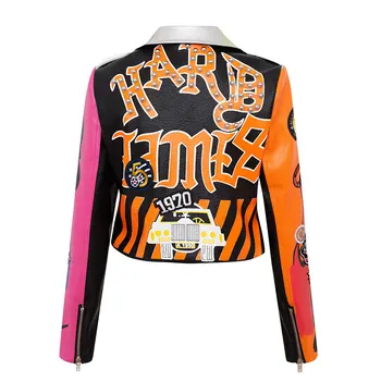 Graffiti Tlač Farebné PU Kožená Bunda Pre Ženy Čierny Cvokovaný Motorových Biker Punk Kabát