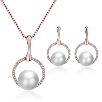 GU68 Romantický pearl zirkón šperky, svadobné okrúhle kovové náhrdelníky náušnice dve sady
