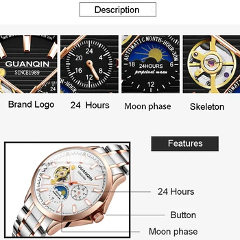 GUANQIN 2018 Mechanické hodinky mužov nepremokavé Automatické zlato kostra, koža mužov sledovať, Fázy Mesiaca, hodiny luxusné relogio masculino