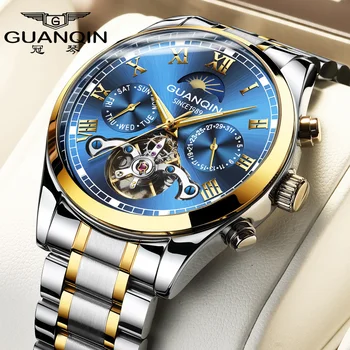Guanqin 2020 nové hodinky muž mechanické hodinky automatic duté tourbillon nepremokavé svetelný pás pánske hodinky dual kalendár mult
