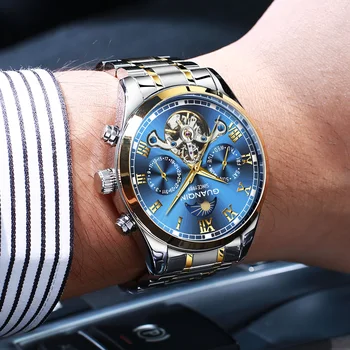 Guanqin 2020 nové hodinky muž mechanické hodinky automatic duté tourbillon nepremokavé svetelný pás pánske hodinky dual kalendár mult