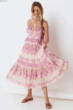 GypsyLady Vintage fialová ružová Strappy Šaty Golierom krku Letné Šaty bez Rukávov Elegantné dlhé boho Šaty Žien 2020 plážové šaty