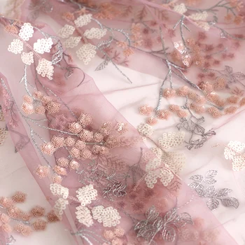 Gáza materiál Ružová-fialová sequined výšivky textílie, Čipky, vyšívané svadobné šaty cheongsam ručné DIY tissus