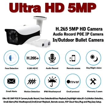 H. 265 CCTV Bezpečnostné Ip Monitorovanie Bullet Kamera Vonkajšia Nepremokavá Sieť, kamerový Camares 5mp ONVIF pre NVR Systém