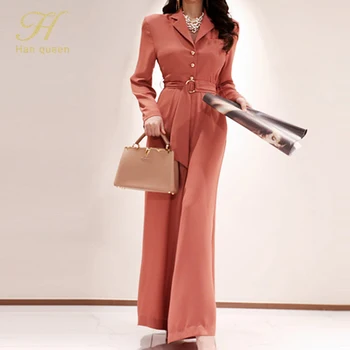 H Han Kráľovná Jeseň Elegantné Krajky-up Business Kombinézach Ženy 2020 Nové Drážkou Širokú Nohu Dlho Playsuits Bežné Pracovné oblečenie Remienky