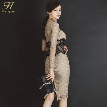H Han Kráľovná Ženy Elegantné, Sexy Čipka Bodycon Vestidos 2019 Jar Duté Sa Vidieť Cez Ceruzka Šaty Patchwork Slim Plášť Šaty