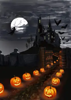 Halloween Tajomný Hrad Tekvica Bat Full Moon Lietajúce Čarodejnice Fotografie Pozadia Foto Pozadia Photocall Photo Studio