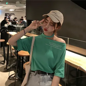 Harajuku Jednoduchý List vytlačiť T-shirts Žena kórejský sexy Bežné Tričko Ženy Fashion tričko O-krku Lete zelená čierna biela Top